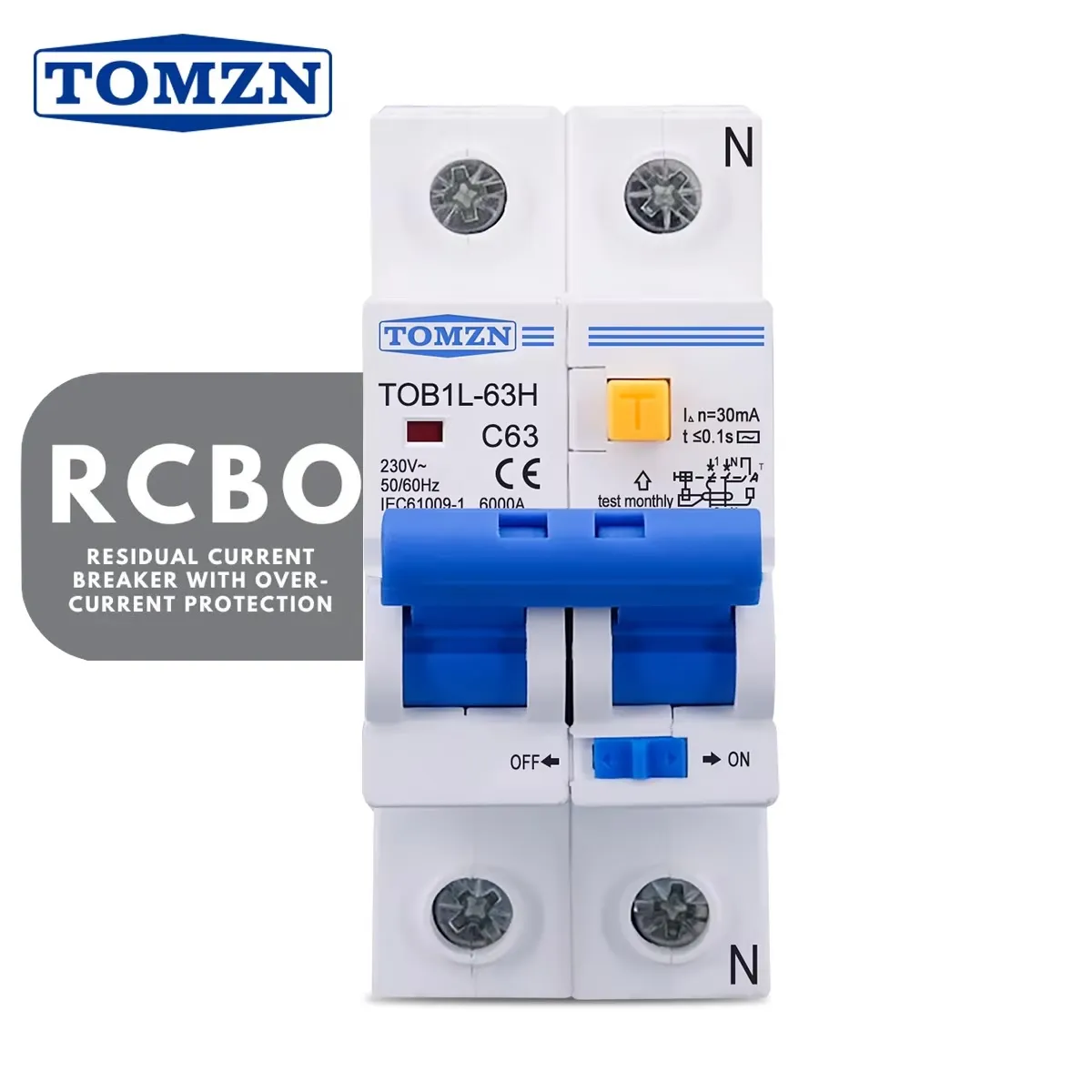 TOMZN RCBO TOB1L-63H 2P 63A 230V AC 50Hz/60Hz Residual Current Circuit breaker with over current and Leakage protection RCBO